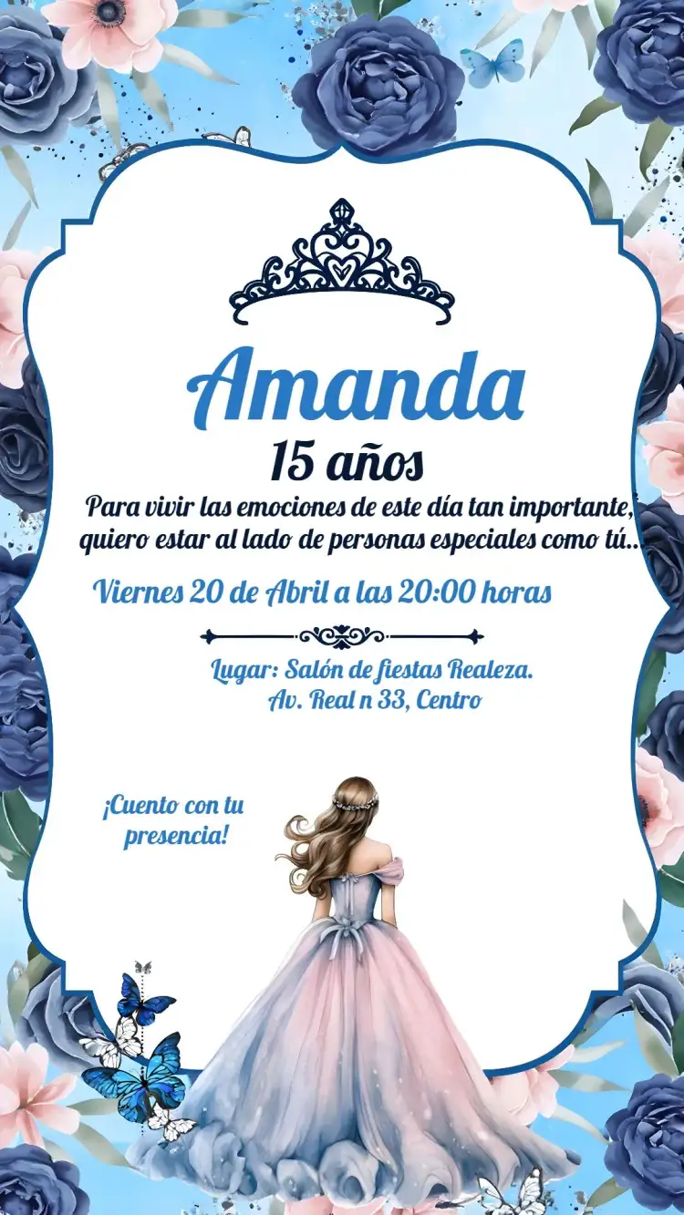 Invitación Quinceañera Floral 15 – tema 15 años floral, elegante, moderno, azul, romántico, delicado