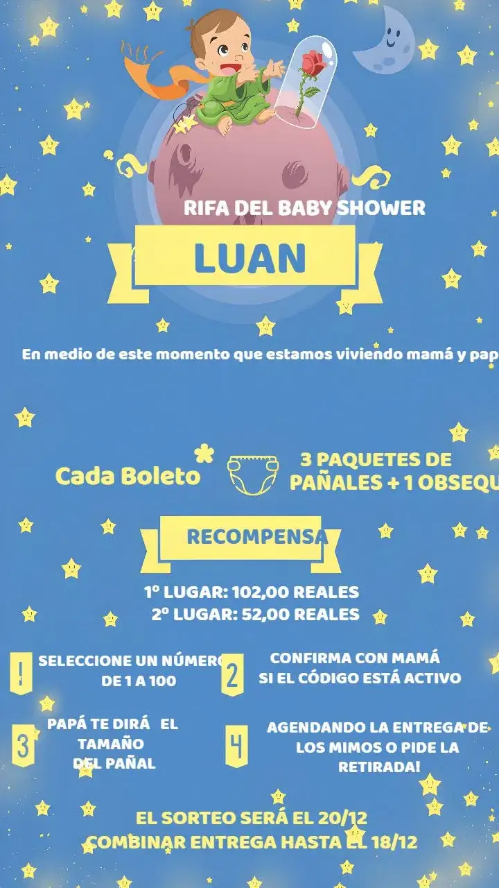 Invitación Té Rifa Pequeño Príncipe Blanco – tema Té Rifa blanco, azul, amarillo, estrellas, luna, lúdico