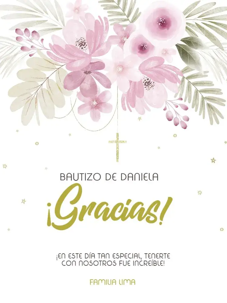 Invitación Tarjeta De Agradecimiento Presencia Bautizo Floral Rosa Religioso – tema Tarjeta floral, rosa, delicado, religioso, infantil, elegante