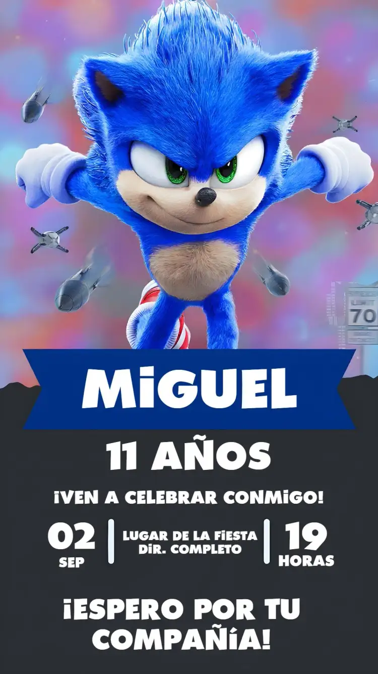 Invitación Sonic Infantil – tema Más buscados azul, temática de juegos, moderno, divertido, infantil, ilustraciones de Sonic