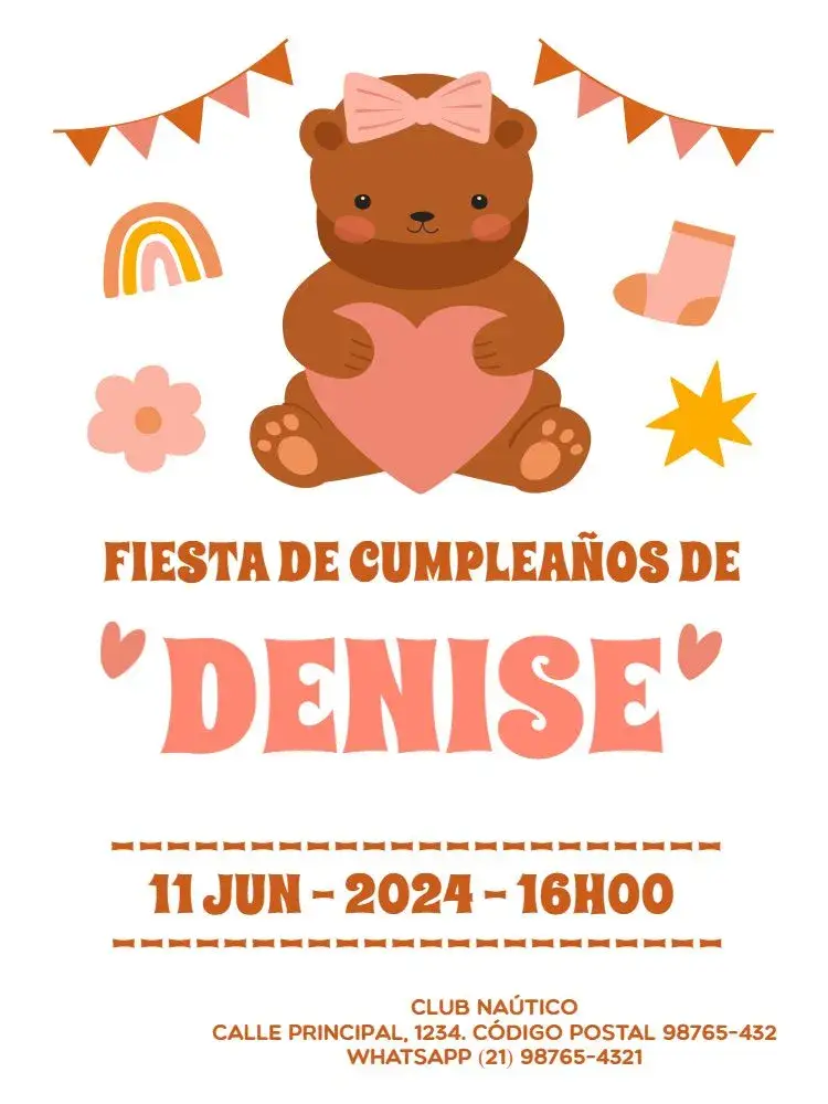 Invitación Infantil Femenino Osita Marrón
