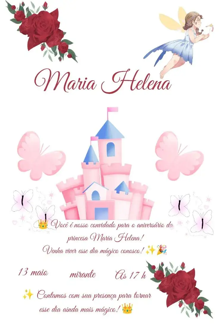 Invitación Princesa – tema Tarjeta colores suaves, estilo de cuento de hadas, elementos de fantasía, diseño encantador, toque mágico, ilustraciones delicadas
