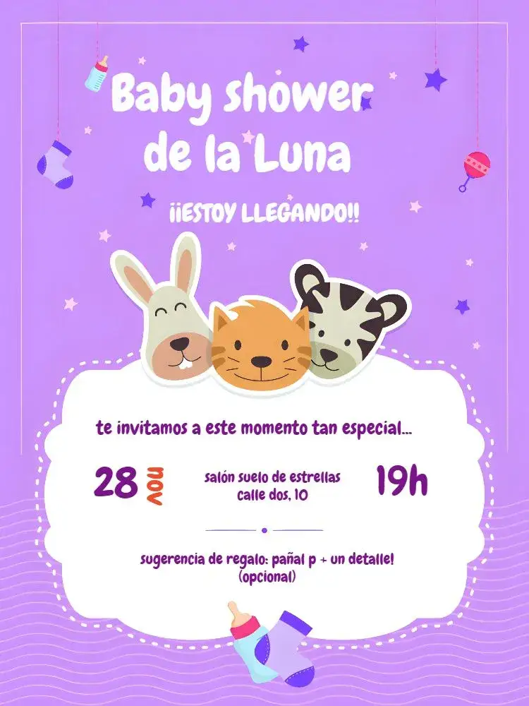 Invitación Baby Shower Safari Claro – tema Baby Shower safari, animales, colores suaves, ilustraciones divertidas, estilo moderno