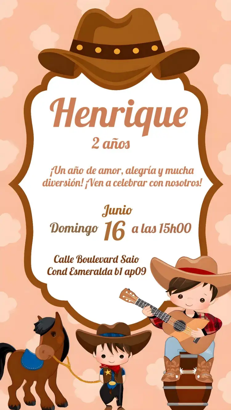 Invitación Cowboy Niño – tema Más buscados rústico, country, vibrante, colorido, divertido, temático