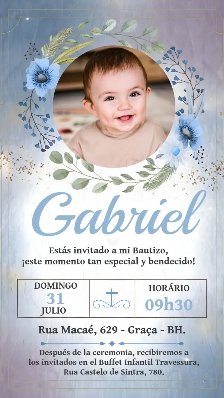 Invitación Bautismo Con Foto Azul – tema Bautismo azul, floral, acuarela, delicado, moderno