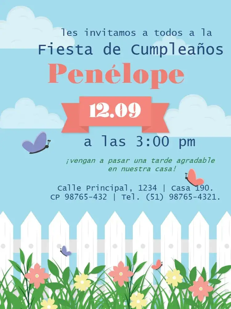Invitación Jardín, Mariposa y Flores Azul