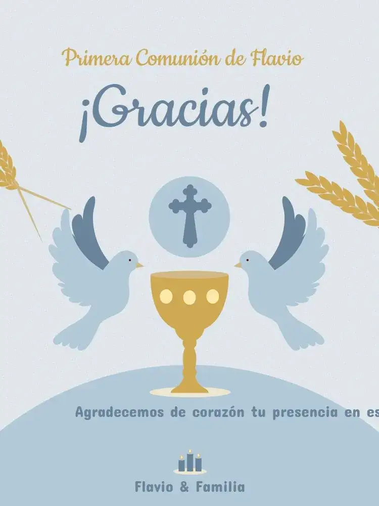 Invitación Tarjeta De Agradecimiento Presencia Primera Comunión Azul Religiosa – tema Tarjeta azul claro, dorado, religioso, elegante, minimalista
