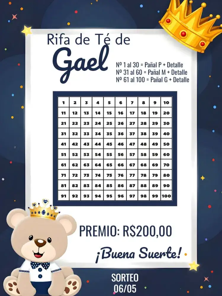 Invitación Té Rifa Osito Príncipe Té – tema Té Rifa azul, blanco, dorado, moderno, infantil, elegante