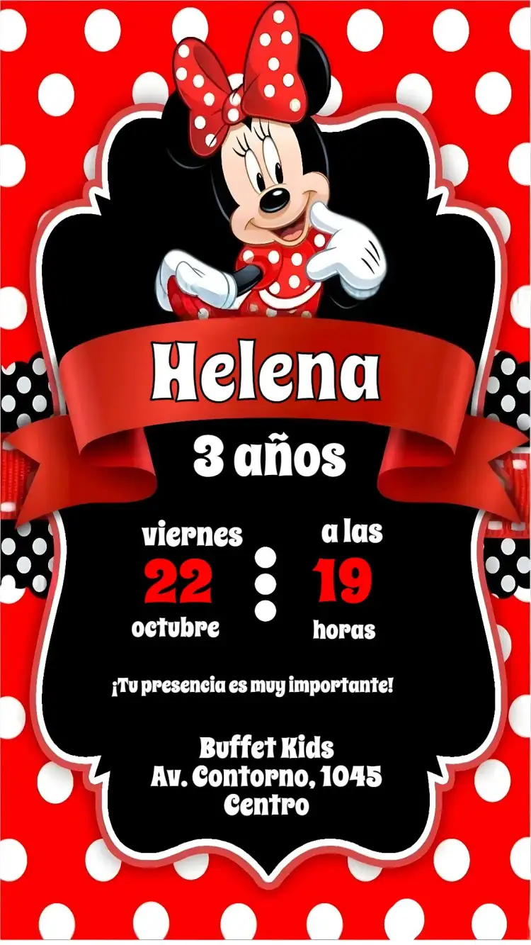 Invitación Minnie – tema Cumpleaños Infantil rojo, divertido, temático, infantil, colorido