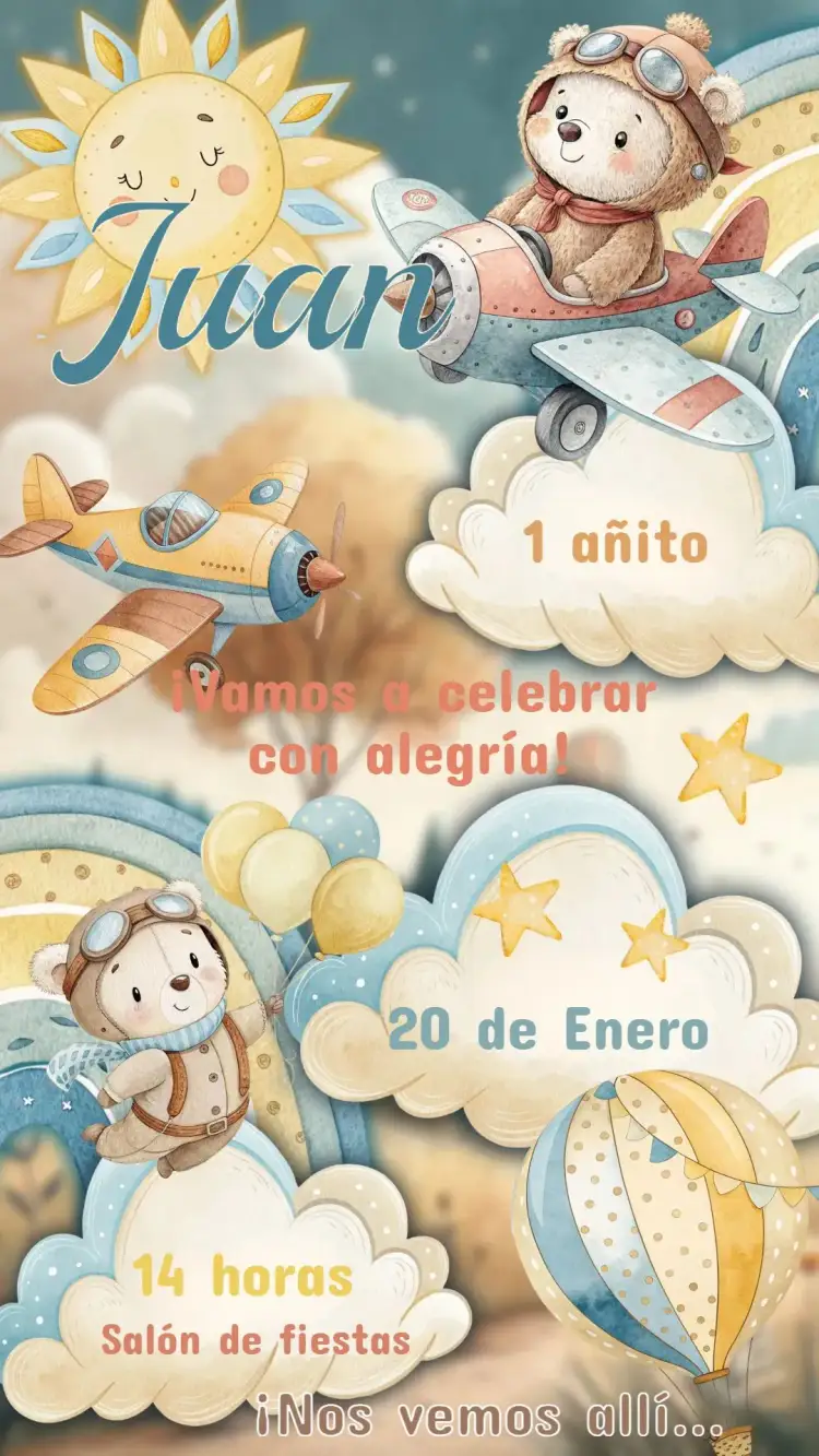 Invitación Invitación Cumpleaños Infantil Osito Aviador – tema Cumpleaños Infantil colores suaves, ilustraciones lúdicas, tema de aventura, diseño encantador, estilo infantil, elementos gráficos divertidos