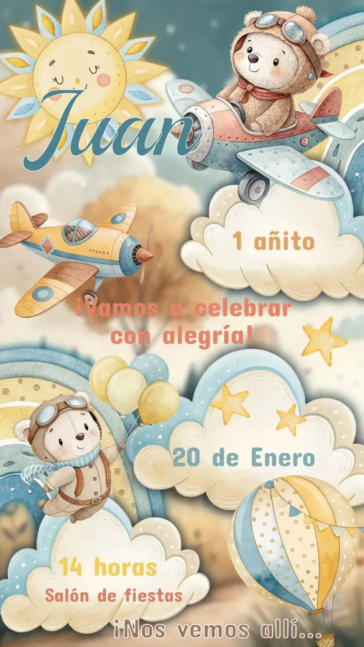 Invitación Cumpleaños Infantil Osito Aviador