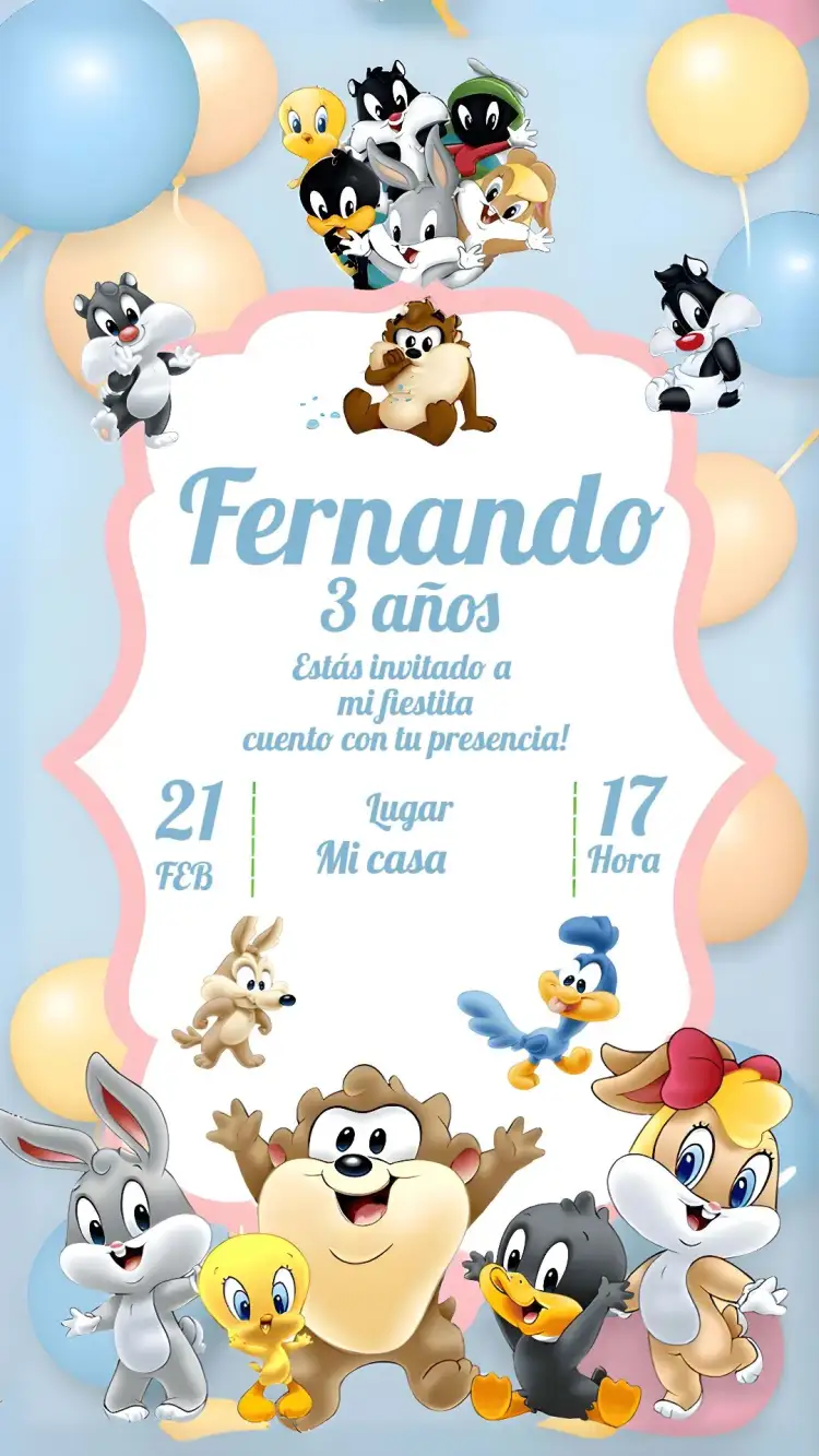Invitación Looney Tunes Blanco – tema Más buscados divertido, colorido, infantil, animado, moderno