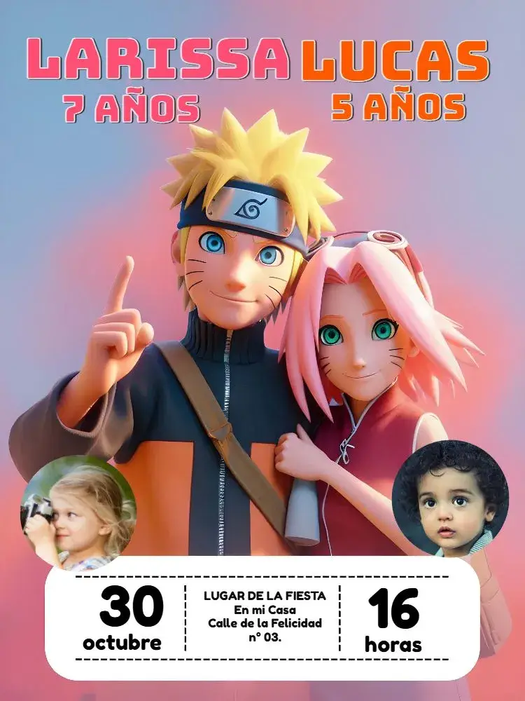 Invitación Doble Naruto y Sakura con Temas de Foto editable y personalizable