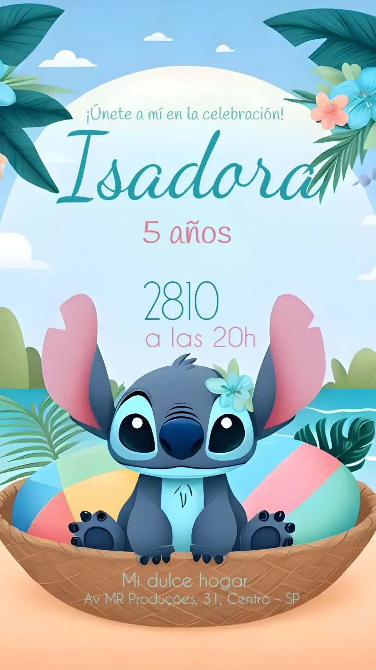 Invitación Stitch Flores – tema Más buscados floral, colorido, divertido, infantil, tropical, vibrante