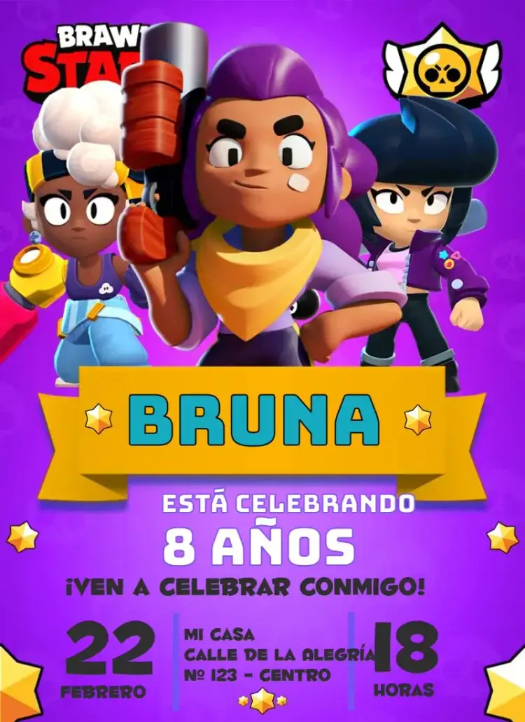 Invitación Brawl Stars Trío de Chicas – tema Cumpleaños Infantil colores vibrantes, estilo animado, elementos de juegos, diseño divertido, estética juvenil