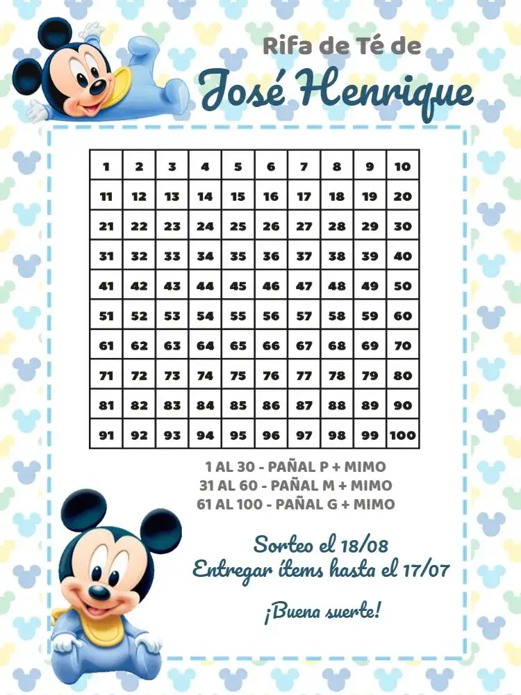 Invitación Té Rifa Mickey Mouse Baby Cha – tema Té Rifa divertido, infantil, colorido, lúdico, temático, Disney