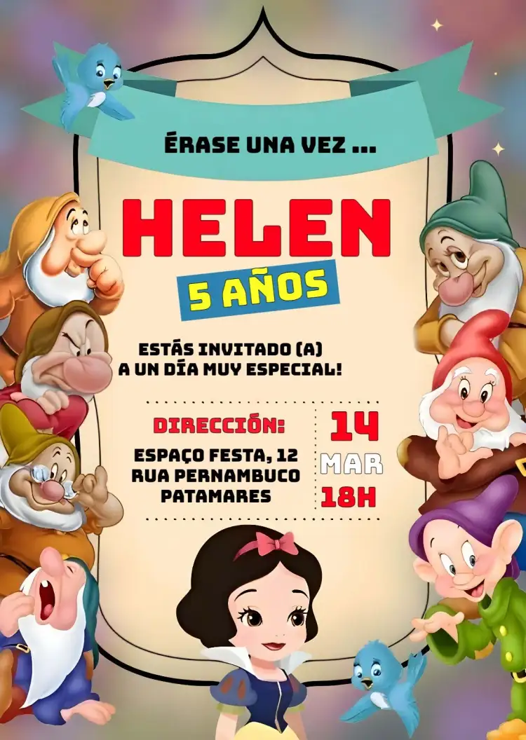 Invitación Blancanieves y los Siete Enanitos de Disney – tema Cumpleaños Infantil colorido, mágico, temático, infantil, Disney, divertido