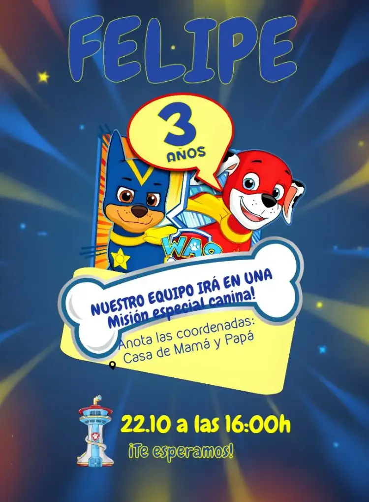 Invitación Patrulla Canina Paw – tema Cumpleaños Infantil colorido, divertido, temático, infantil, animales