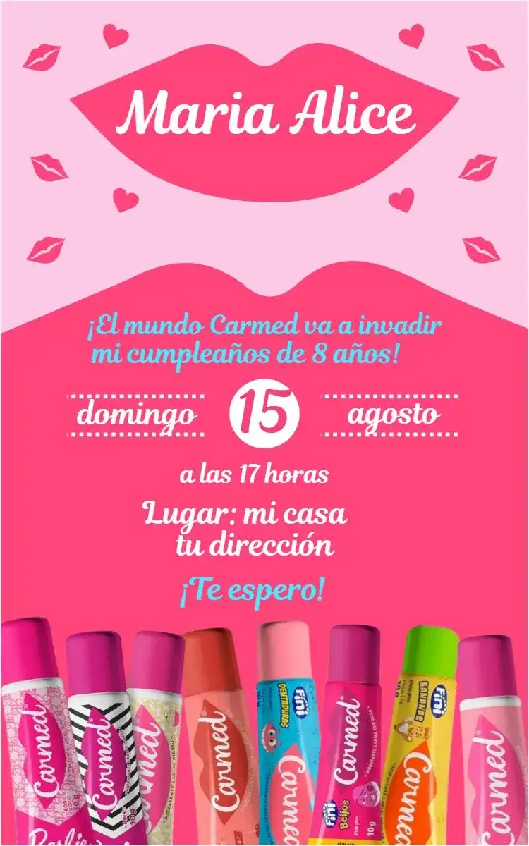 Invitación Carmed 2 – tema Cumpleaños rosa, divertido, infantil, lúdico, colorido, alegre