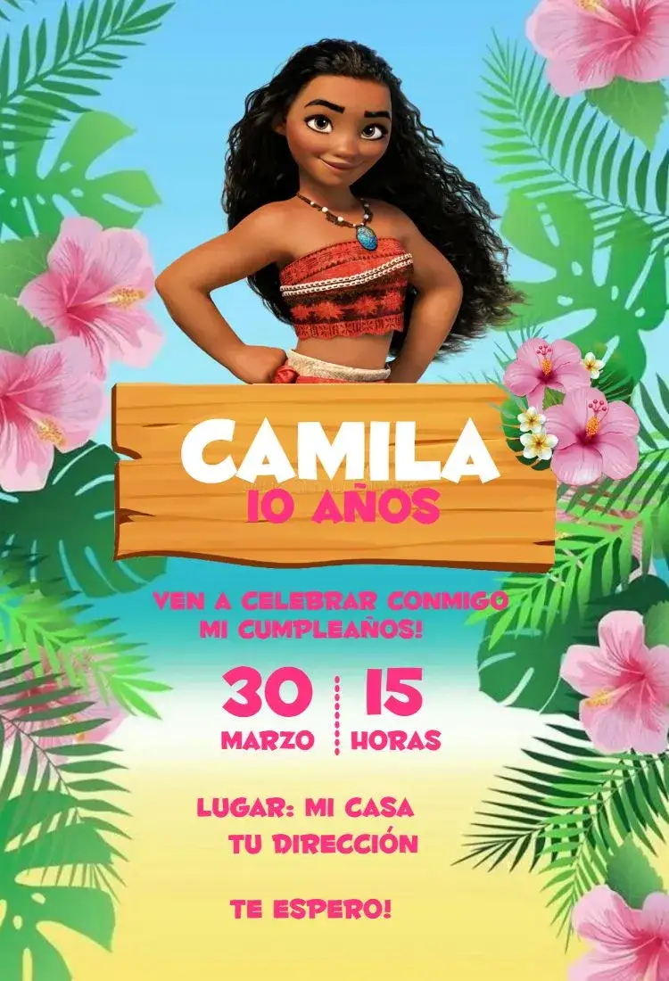 Invitación Moana 1 – tema Cumpleaños floral, aqua, colorido, temático, divertido, tropical