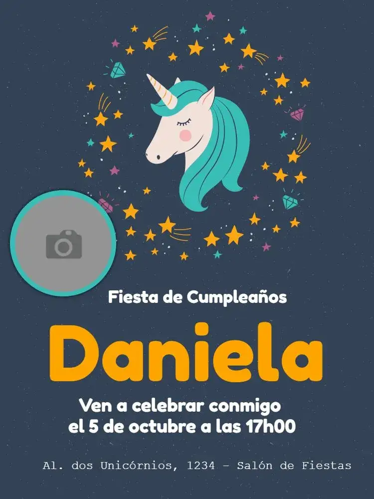 Invitación Whatsapp – tema Cumpleaños unicornio, azul, estrellas, diamantes, mágico, divertido