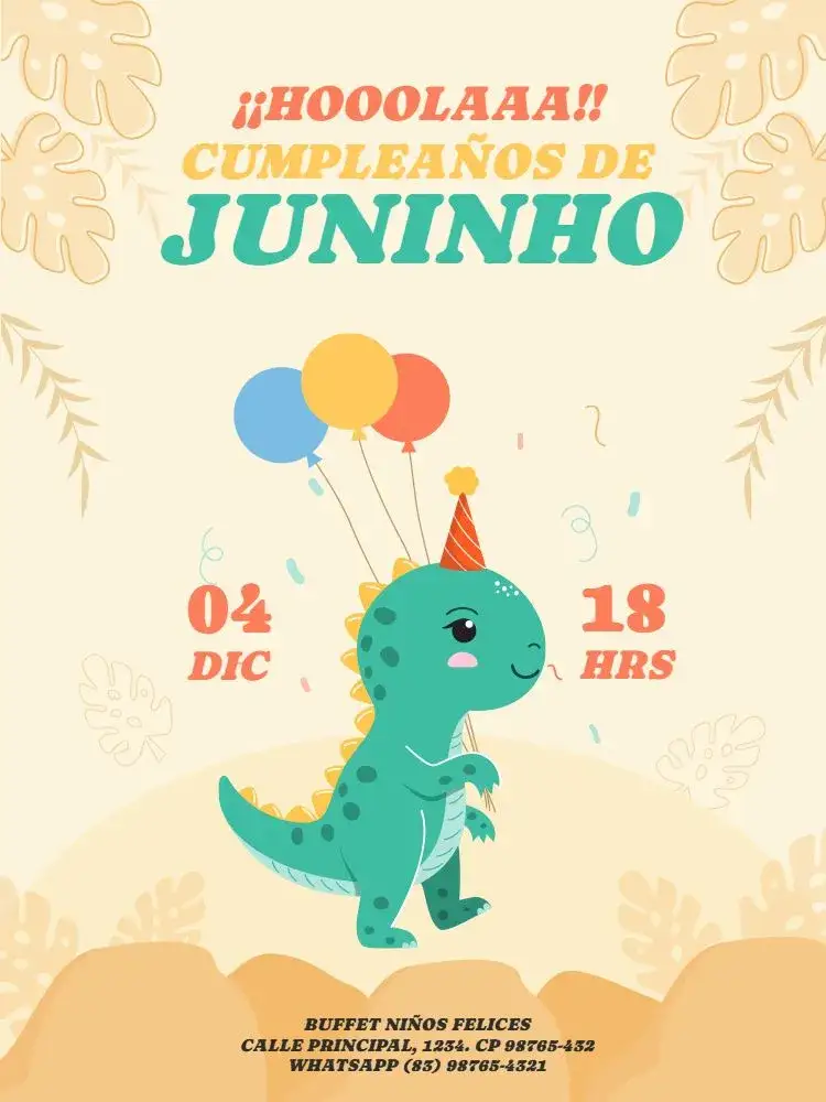 Invitación Dinosaurio Baby Amarillo – tema Cumpleaños Infantil dinosaurio, lúdico, floral, moderno, colorido, infantil