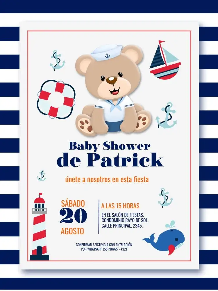 Invitación Oso Marinero Baby Shower a Rayas Lúdico – tema Baby Shower náutico, lúdico, azul, listrado, infantil, marinho