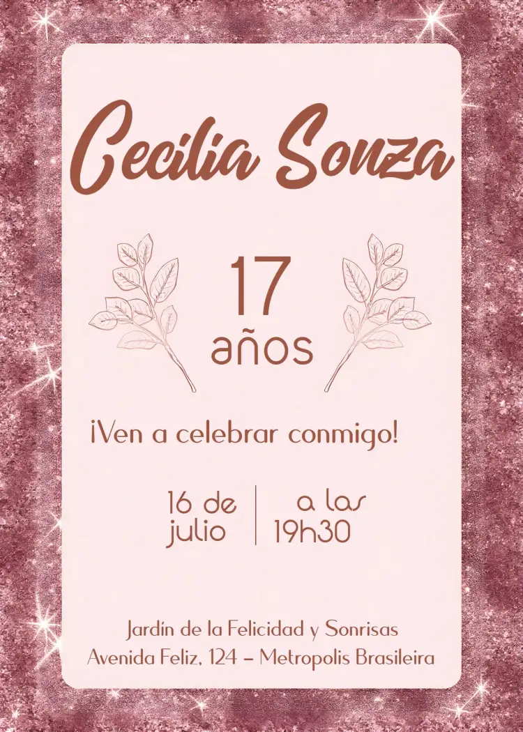 Invitación Rosa Brillo Adulto – tema Cumpleaños brillantina, rosa, moderno, elegante, minimalista