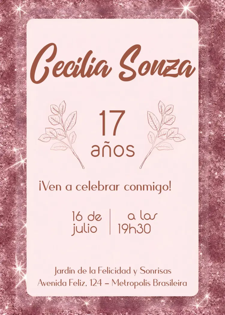 Invitación Rosa Brillo Adulto editable y personalizable