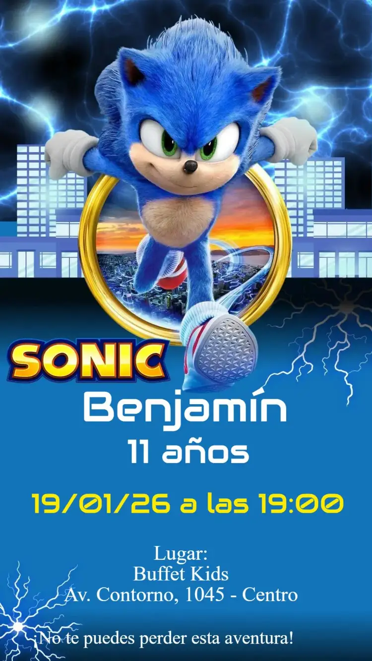 Invitación Sonic – tema Cumpleaños Infantil colorido, divertido, juegos, moderno, temático
