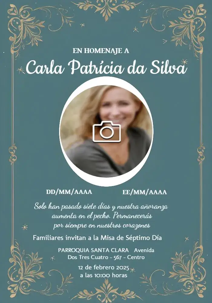 Invitación Misa De Séptimo Día Con Foto Duelo – tema Fechas Conmemorativas azul, blanco, floral, minimalista, sereno, respetuoso