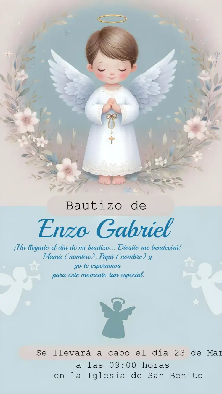 Invitación Bautizo Angelito Niño Azul – tema Bautismo azul suave, angelitos, flores delicadas, moderno, infantil, elegante