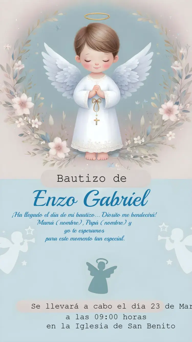 Invitación Bautizo Angelito Niño Azul