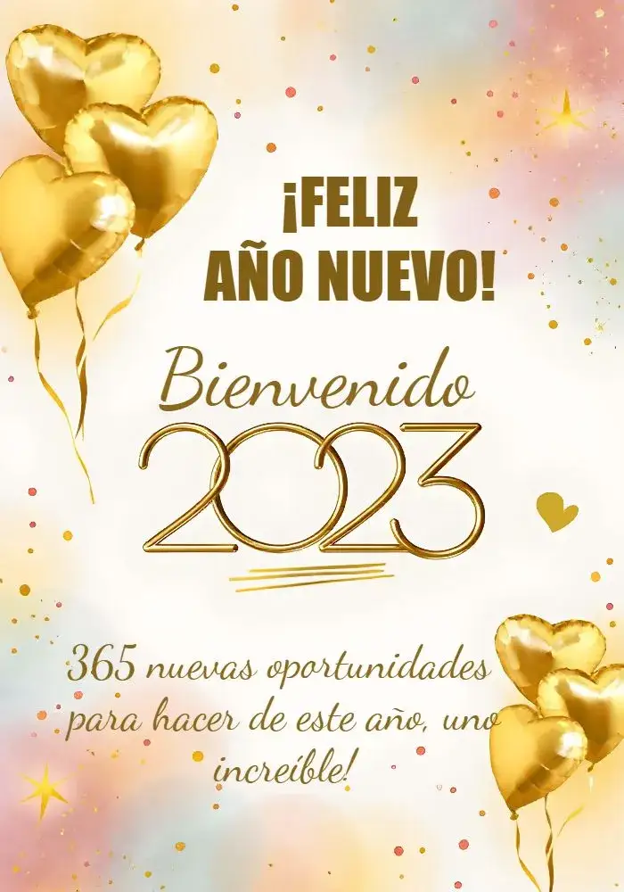 Invitación Año Nuevo 2023 Dorado – tema Fechas Conmemorativas dorado, gris, globos, moderno, elegante, festivo