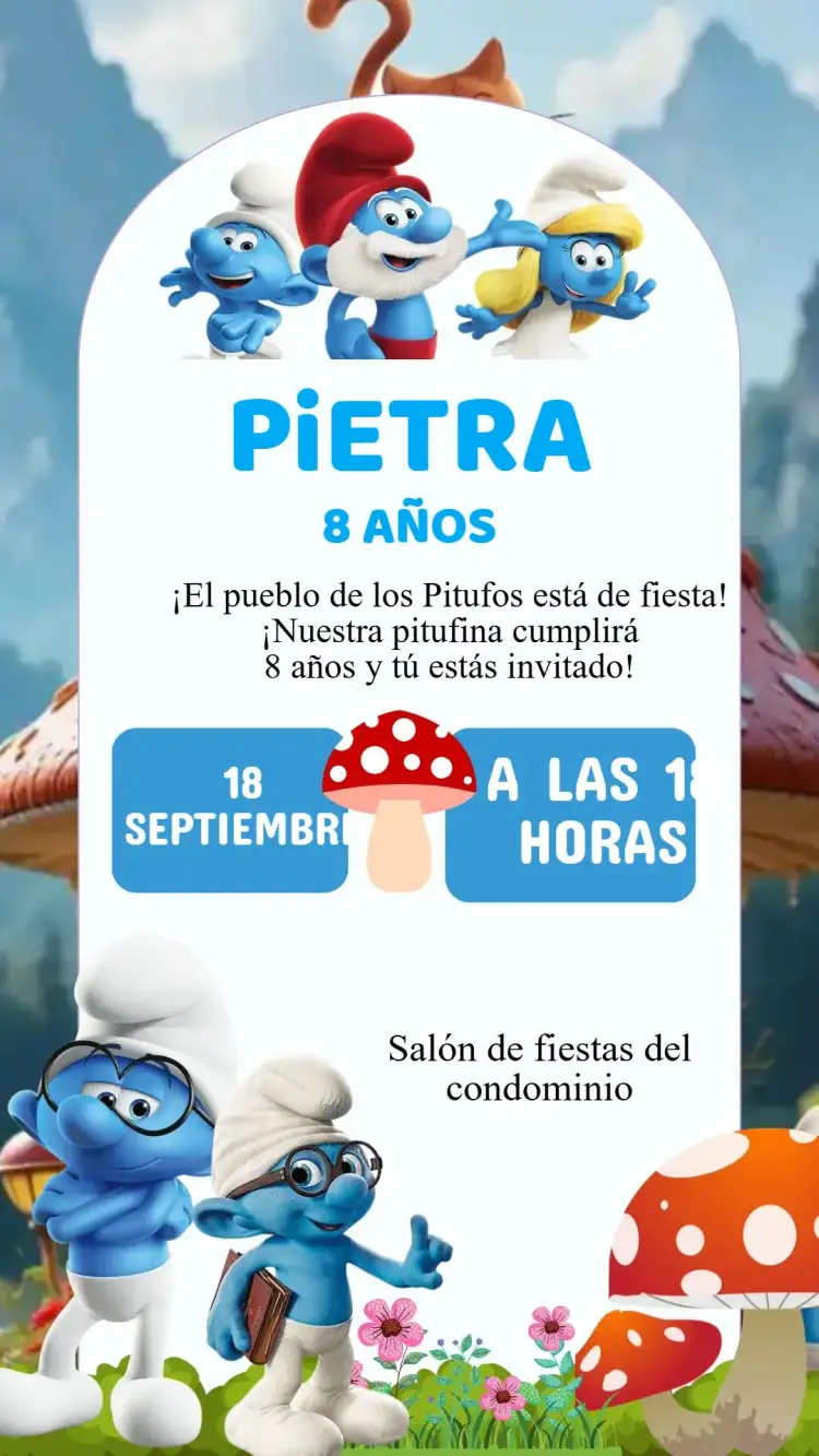 Invitación Invitación Cumpleaños Los Pitufos – tema Cumpleaños Infantil azul y blanco, divertido, ilustraciones coloridas, estilo de dibujos animados, temática de dibujos animados
