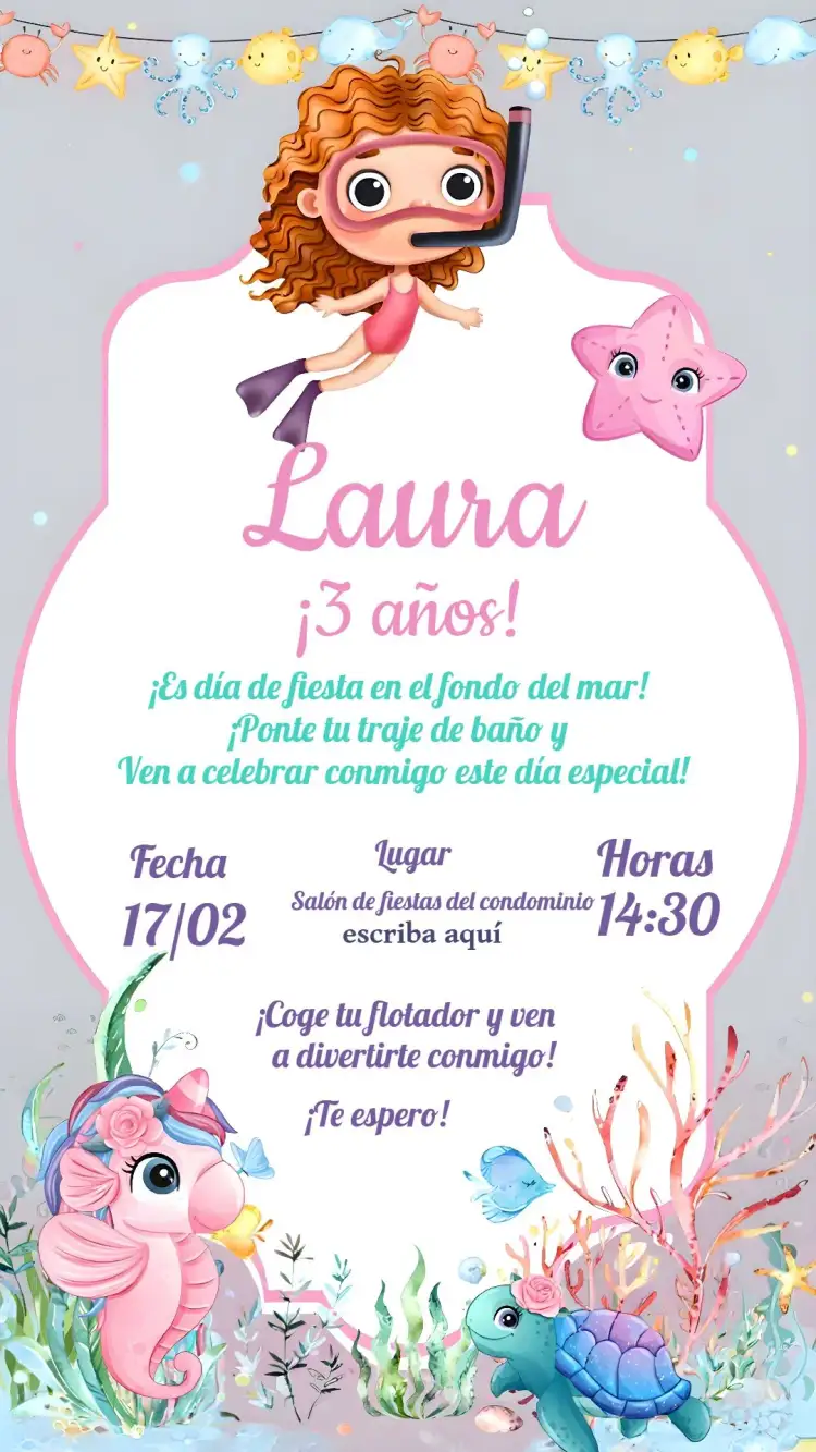 Invitación Fondo Del Mar Rosa – tema Cumpleaños Infantil fondo marino, rosa, lúdico, divertido, marino, colorido
