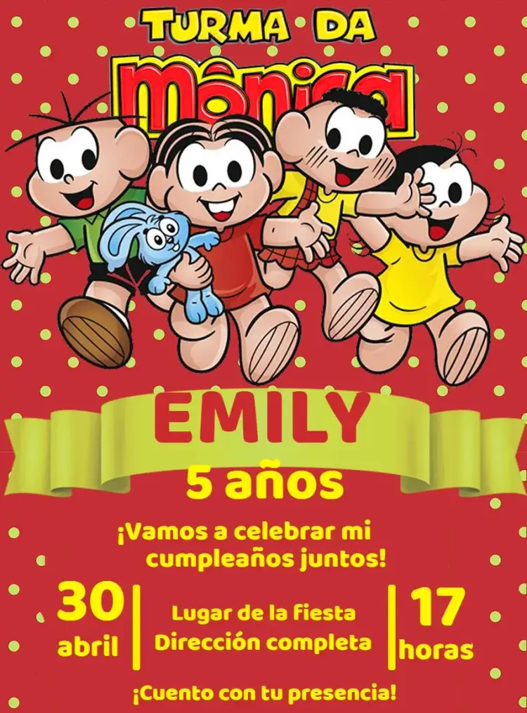 Invitación Turma De Mónica Amarillo – tema Cumpleaños Infantil colorido, divertido, infantil, ilustraciones, personajes clásicos