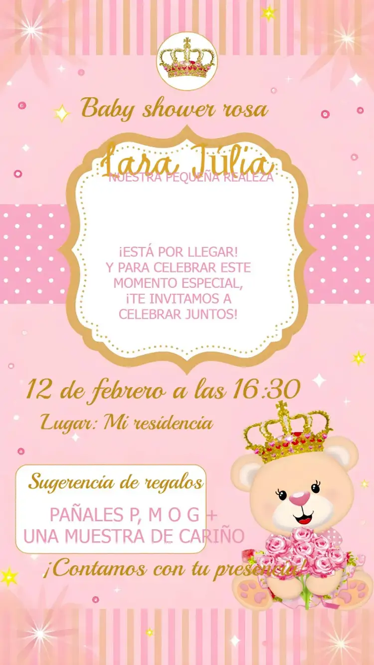 Invitación Baby Shower Osito Princesa Corona – tema Más buscados rosa, dorado, princesa, osita, infantil, realeza