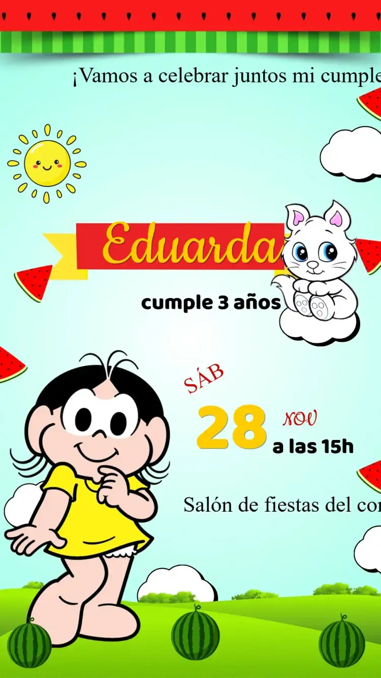 Invitación Invitación Cumpleaños Magali – tema Cumpleaños Infantil colorido, lúdico, divertido, infantil, turma da mônica, frutas