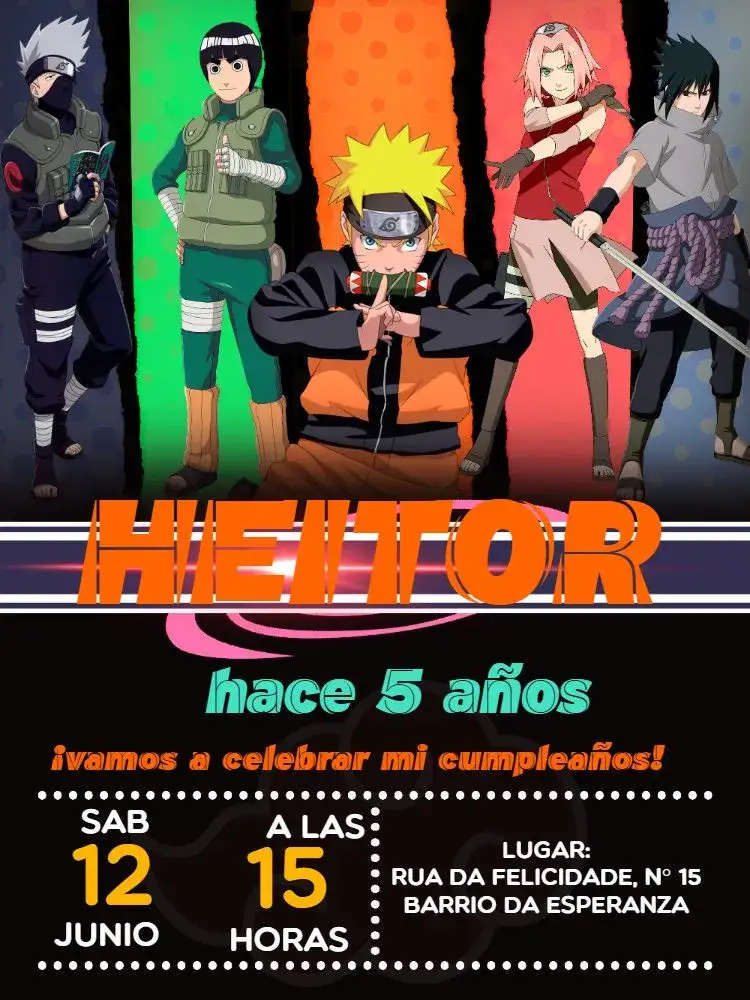 Invitación Naruto Negro – tema Cumpleaños Infantil moderno, anime, aventura, colorido, temático