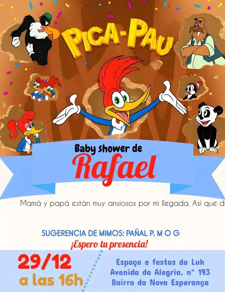 Invitación Baby Shower Pica Pau Bebé – tema Baby Shower colorido, divertido, animales, moderno, infantil, juguetón