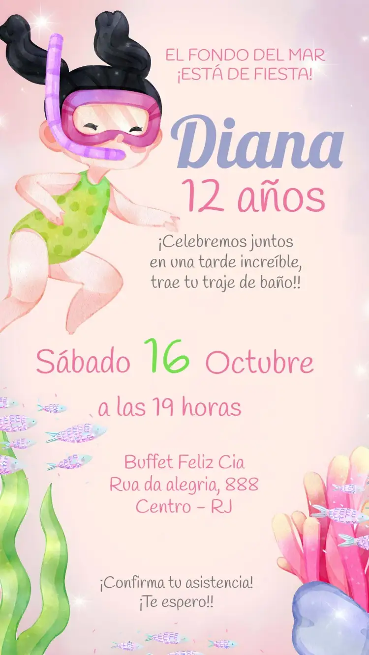 Invitación Fondo Del Mar Acuarela – tema Cumpleaños Infantil acuarela, marino, colorido, divertido, infantil, temático