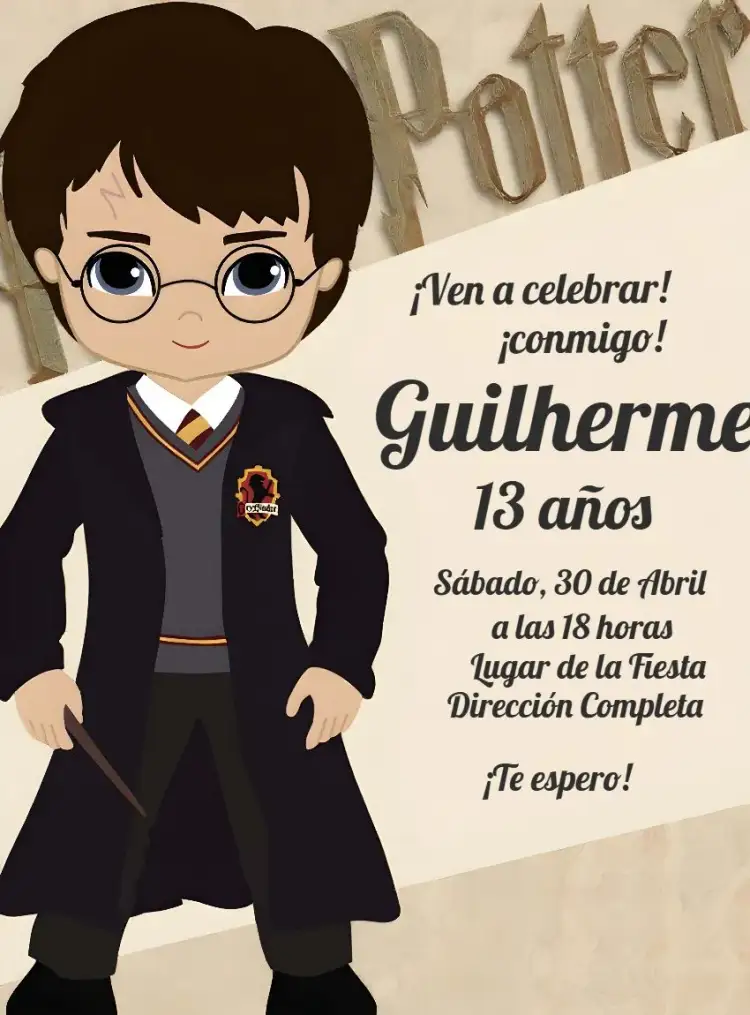 Invitación Harry Potter Gryffindor – tema Cumpleaños Infantil magia, fantasía, colorido, juvenil, ilustraciones de brujos, elementos de Hogwarts