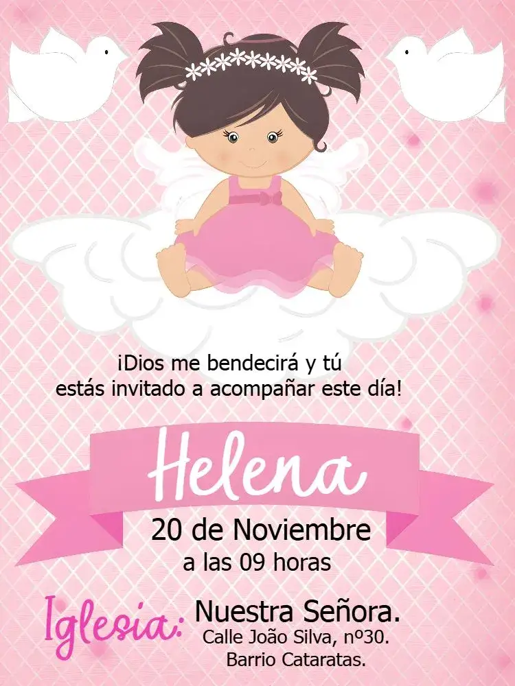 Invitación Bautizo Niña Rosa – tema Bautismo rosa, blanco, delicado, angelical, floral, moderno