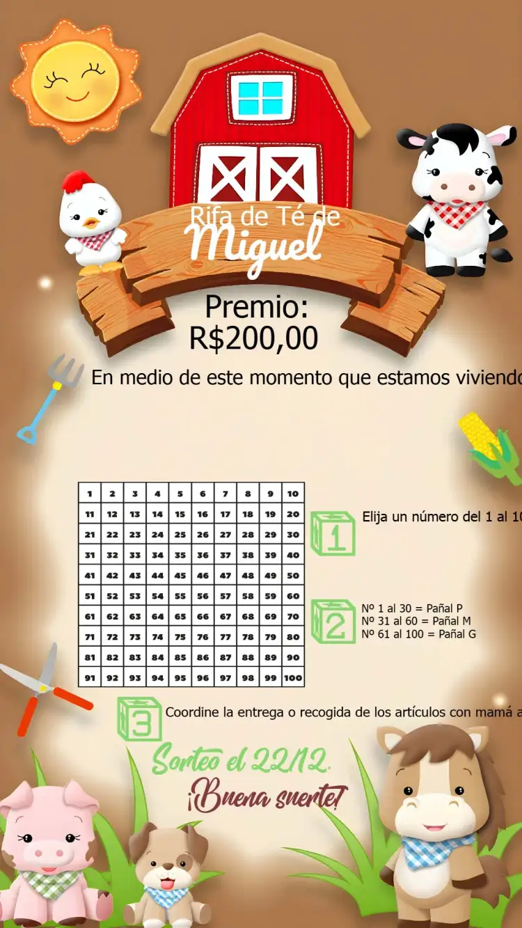 Invitación Chá Rifa Fazendinha Bebe – tema Té Rifa rural, colorido, divertido, animales, verde y amarillo, fiesta temática