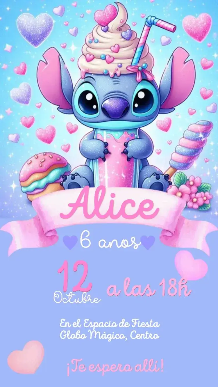 Invitación Stitch lindo fondo azul – tema Cumpleaños Infantil minimalista, pastel, fofo, delicado, infantil