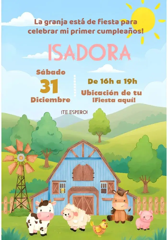 Invitación Granja Niña – tema Más buscados acuarela, rosa, granja temática, infantil, lúdico, naturaleza