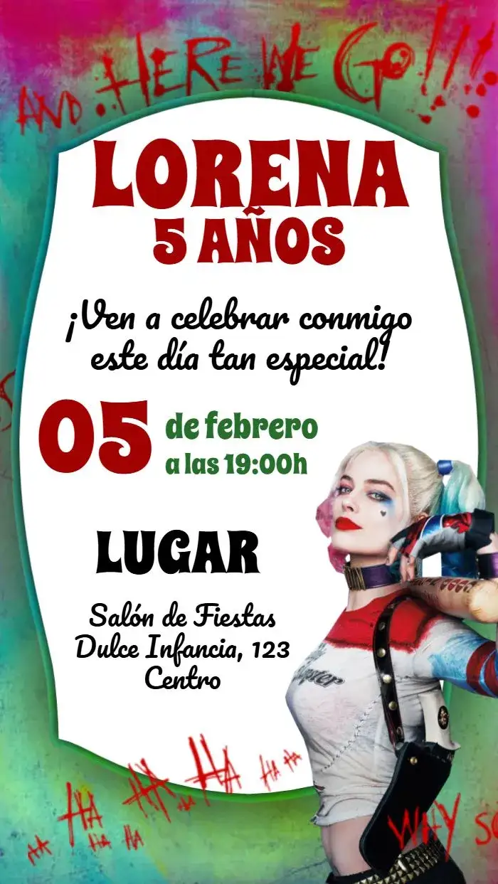 Invitación Arlequina Quinn – tema Cumpleaños Infantil colores vibrantes, estilo moderno, elementos gráficos dinámicos, inspirado en cómics, tema de superhéroes, estética divertida