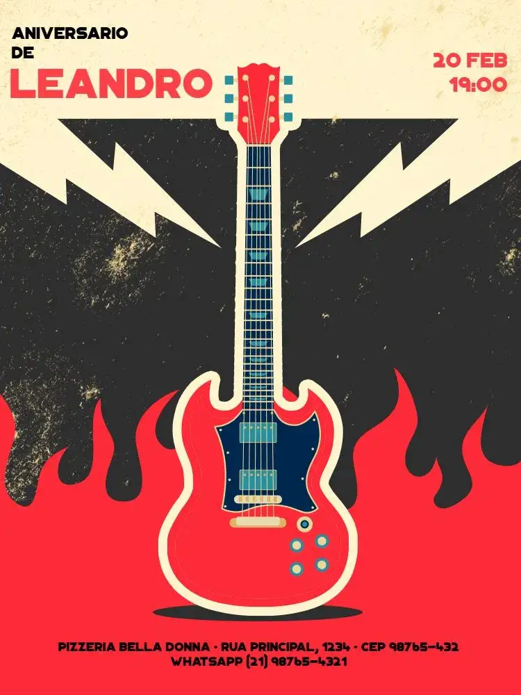 Invitación Rock N Roll Guitarra Rayo – tema Cumpleaños Infantil grunge, rock, música, colores oscuros, vibrante, divertido