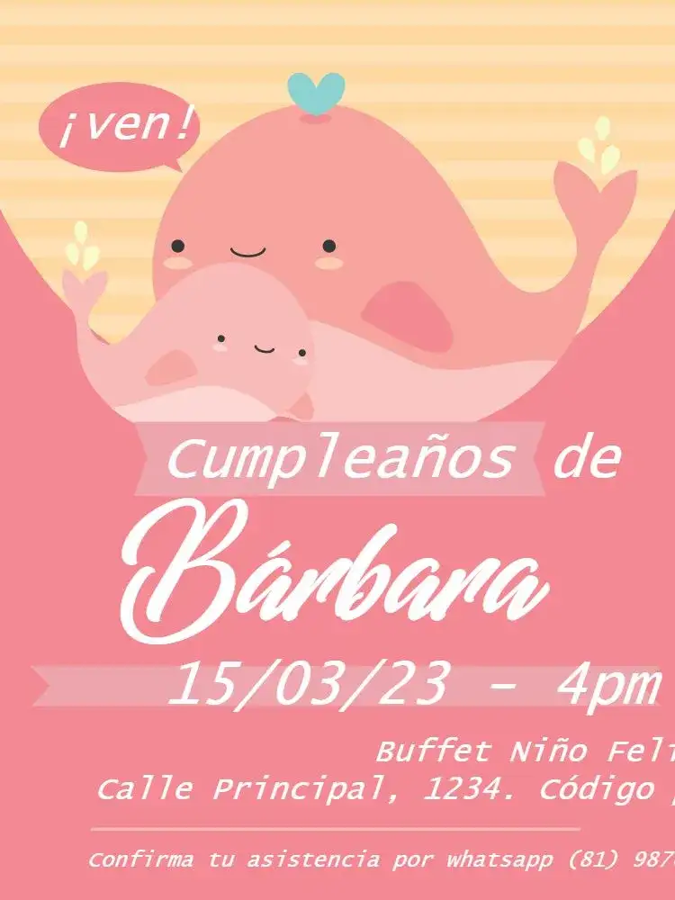 Invitación S De Ballena Rosa Femenino – tema Cumpleaños Infantil rosa, lúdico, delicado, femenino, marino, ilustración